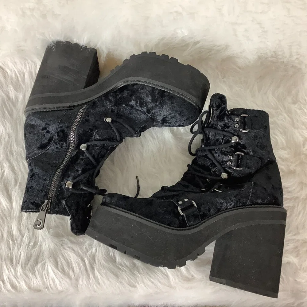 Killstar Black Velvet Broom Rider Platform Boots EU 41 US 10 - Picture 5 of 9